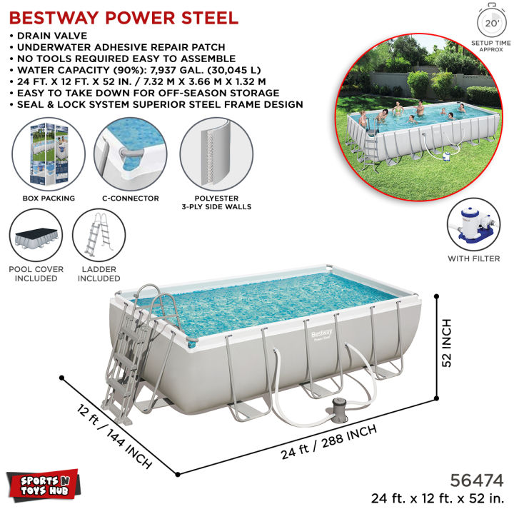 Bestway Rectangular Power Steel Above Ground 20 Ft Length, 12 Feet Width 52 Inch Deep, Pool For Family Fun, Water Games Outdoor 56474 Imported Portable Pvc Branded Summer Season Swm Dive Steel Pipe Bracket Swimming Parties Pools With Ladder & Cartridge