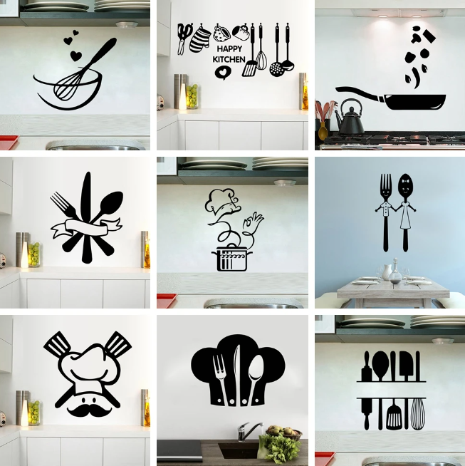Kitchen 3D Wall Sticker Ideal for Your Kitchens Decoration | Spoon Wall Sticker Fork And Fry Pan Style | Wall stickers for kitchen waterproof | 3D Modern Home Decor Wall Decals Decoration Black Colour In 12 Inches Size By Diameter
