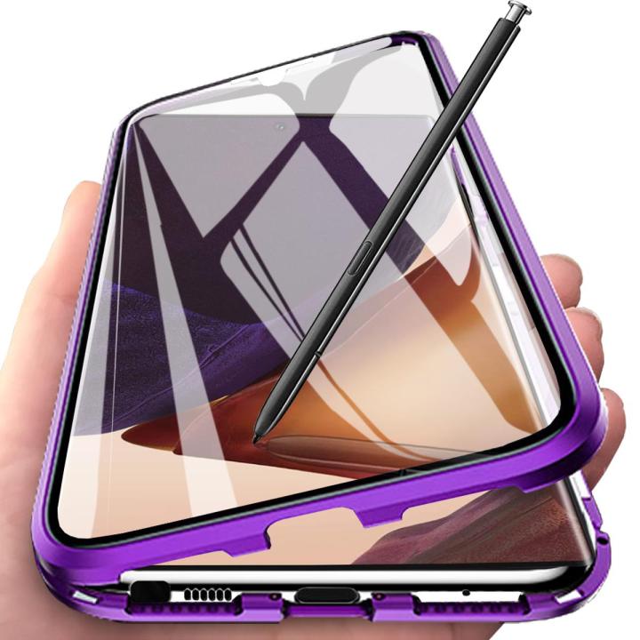 For Samsung Galaxy Note 20 Ultra Casing 360° Full Body Transparent Tempered Glass with Magnetic Adsorption Metal Bumper Case Cover