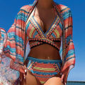 Vintage National Cover Ups + Bikini Cross Strap Bra Women Three Piece Swimsuit Blue/Green/Red High Waisted Beachwear 2024 Summer. 