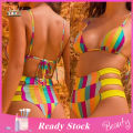 Women Swimsuit Deep V-neck Rainbow Color Push-up Splitted Swimwear. 