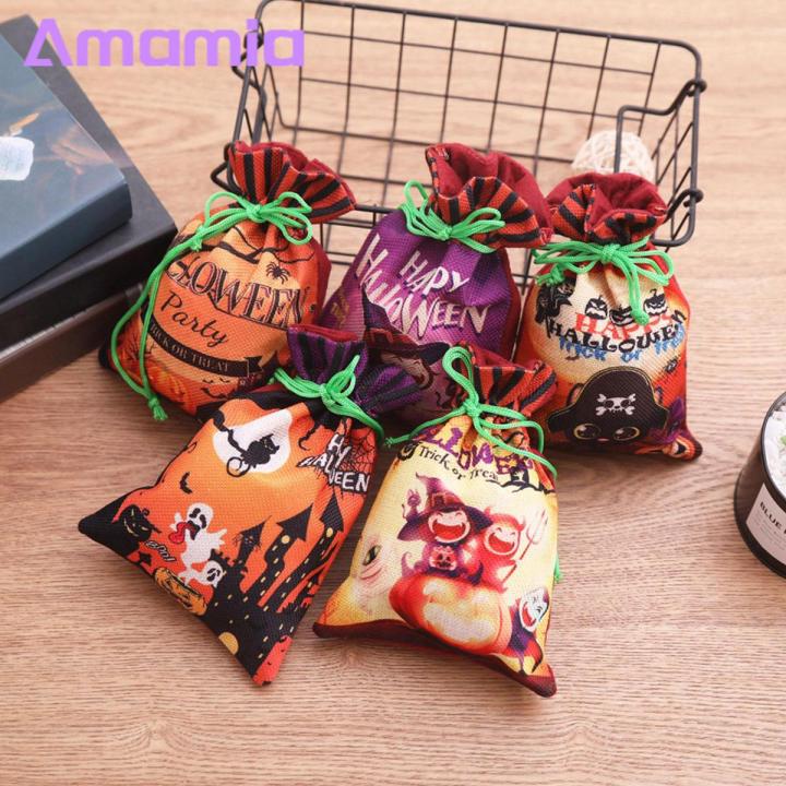 Halloween Trick or Treat Bag 1 Pc Halloween Candy Bag Drawstring Portable Reusable Pumpkin Witch Ghost Black Cat Kids Chocolate Biscuit Treat Snack Goodies Gift Flannel Party Supplies
