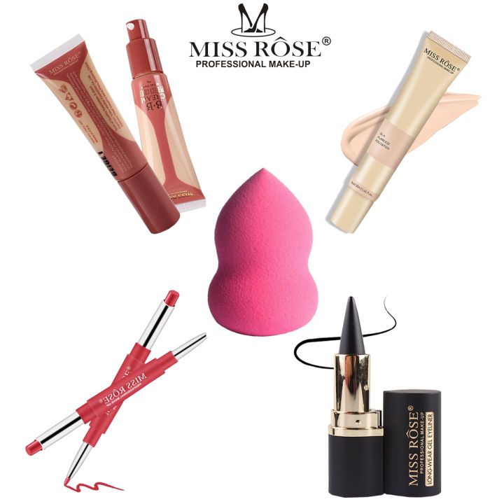 MISS ROSE Pack of 5 amazing Deal ( Lip Liner Liquid Foundation-Concealer-Eye Liner Gel-Blender)