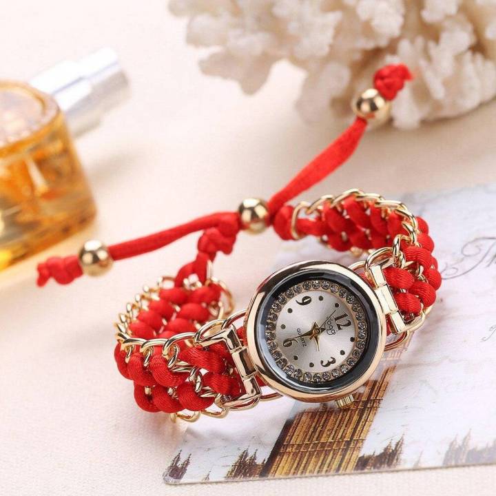 Red Luxury Stylish Girls Analog Handmade Braided Bracelet Watch Thread Knitted Weaved Strap Women Dress Casual Watches Relogio Feminino Female Ladies Wrist Watch Best For Personal Use Or Gift Birthday Party