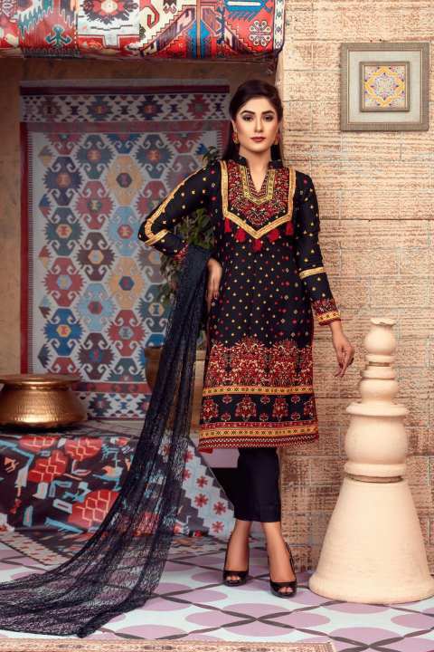Embroidered Chiffon Black Unstitched Dress with Embroided Net Dupata (SRCHI-35)