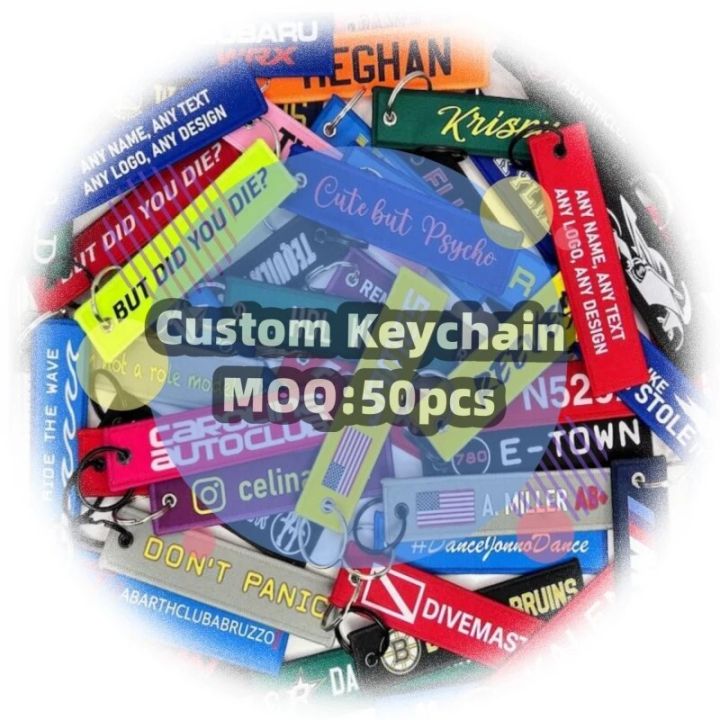 Moq 50 pcs Custom Keychain With Embroidery PVC Rubber Woven Printed Technics Customize Brand Logo Fabric Key Chains For Bag Tag
