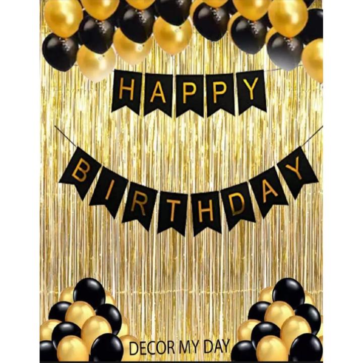 Lovely Theme of Happy Birthday Cards Banner with Combo of '30' Pcs balloons '1'Golden Fringe Curtain(6x3.5feet) for Birthday Party Decorations