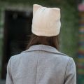 Striped Beanie with Cat Ear Women Contrast Cute Devil Horns Hat Girls Handmade Crochet Winter Warm Ski Cap For Halloween Gift. 