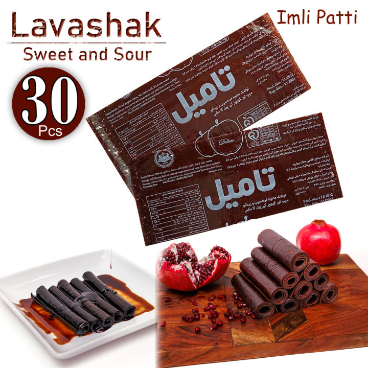 30 Pcs - Lavashak Imli Strips Fruit Roll - Sweet and Sour Tamil Imli Layer - Viral Irani Imli Sauce Patti Rolls Taili - lavashak fruit leather - Souce Candy Sheet