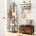 Coat Rack with 3 Shelves, Stand with Hooks for Scarves, Bags and Umbrellas, Steel Frame, Industrial Style, Rustic Brown and Black. 