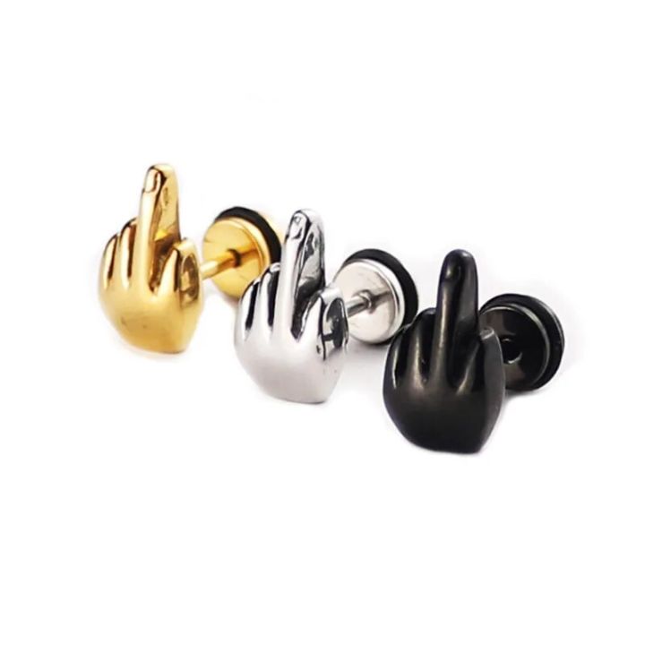 【The road to happiness Store】1 PC Fashion Rock Middle Finger Shape Men Stainless Steel Jewelry Stud Earring Women Dropship pendientes