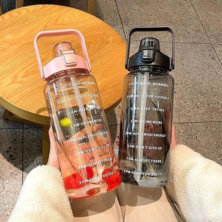 2 Liter Plastic Water Bottle With Straw Large Travel Portable Bottle Sports Fitness Cup Big Cup Universal