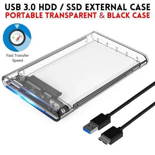 USB 3.0 Portable HDD SSD 2.5" Hardrive External Case ( Black & Transparent ) - 2.5" Hard Drive Case 5Gbps High Speed Fast Data Transfer (ONLY CASE)