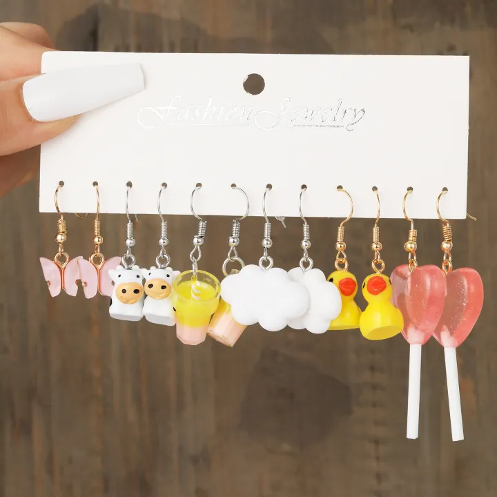 Youbo Cloud Little Duck Earrings Pendant Butterfly Cow Candy Earrings 6 Set earrings set