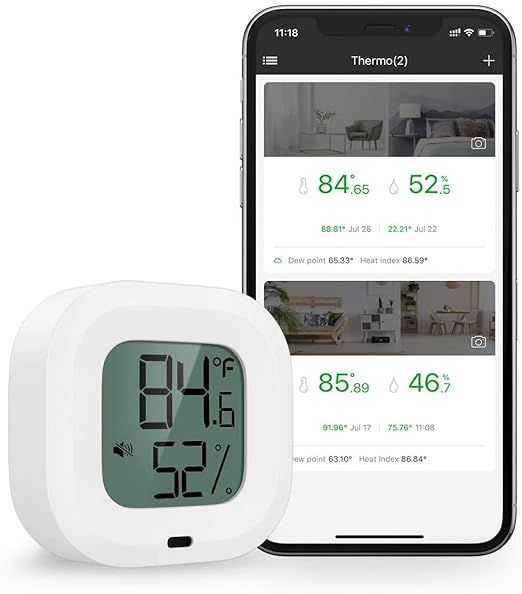 Wireless Thermometer Hygrometer for iPhone/Android, Smart Bluetooth Humidity Temperature Sensor with Alarm and Data Storage for Green House Cigar Guitar Camera Storage Humidor Incubator Monitor
