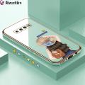 Jizetin (Free Lanyard) for Samsung Galaxy S10 Plus Back Cover Girl In Hat Luxury 6D Plating Case Side Pattern Soft Silicone Square Mobile Phone Cases. 