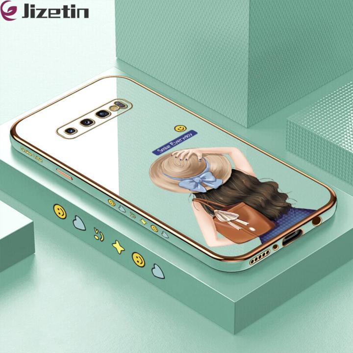 Jizetin (Free Lanyard) for Samsung Galaxy S10 Plus Back Cover Girl In Hat Luxury 6D Plating Case Side Pattern Soft Silicone Square Mobile Phone Cases