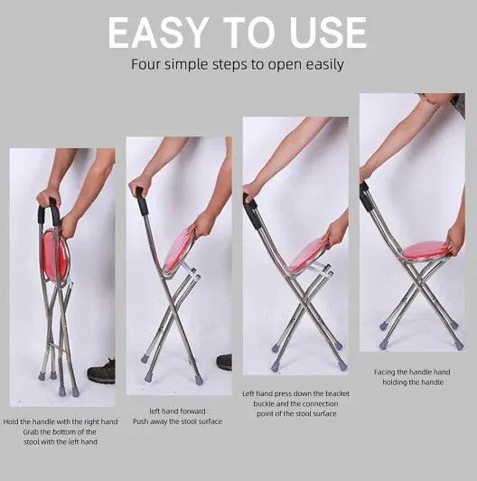 Walking Stick Seat Folding Stool For Disability Seniors/Stainless  Steel/Sleek Ergonomic Comfortable Handles