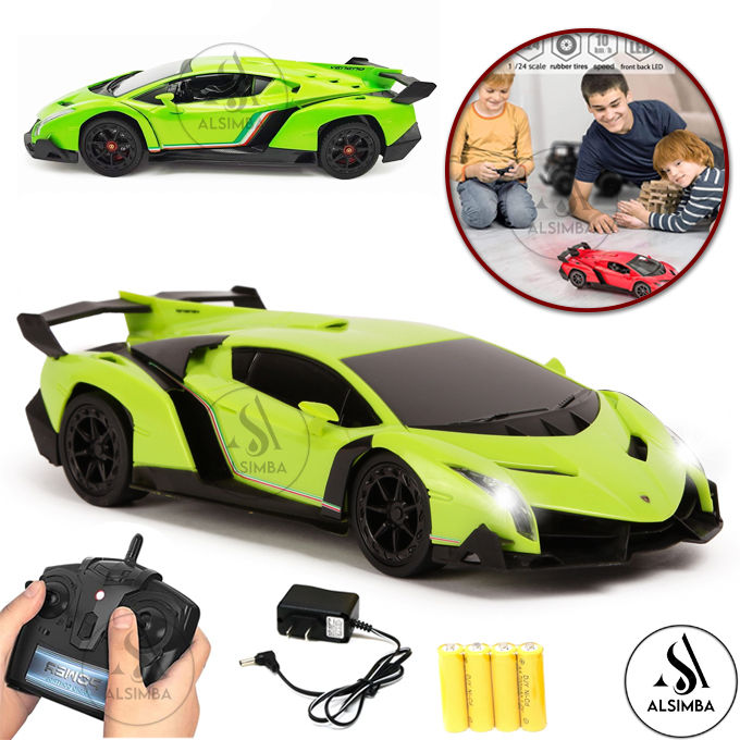 Remote Control Rechargeable Lamborghini Venono 4 Channel With Lights & Sound - Front Doors Open - 1:18 Scale Simulated Model Car - Green