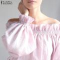 ZANZEA Womens Long Lantern Sleeve Elastic One Shoulder Waterfall Loose Blouse Shirt Pink. 