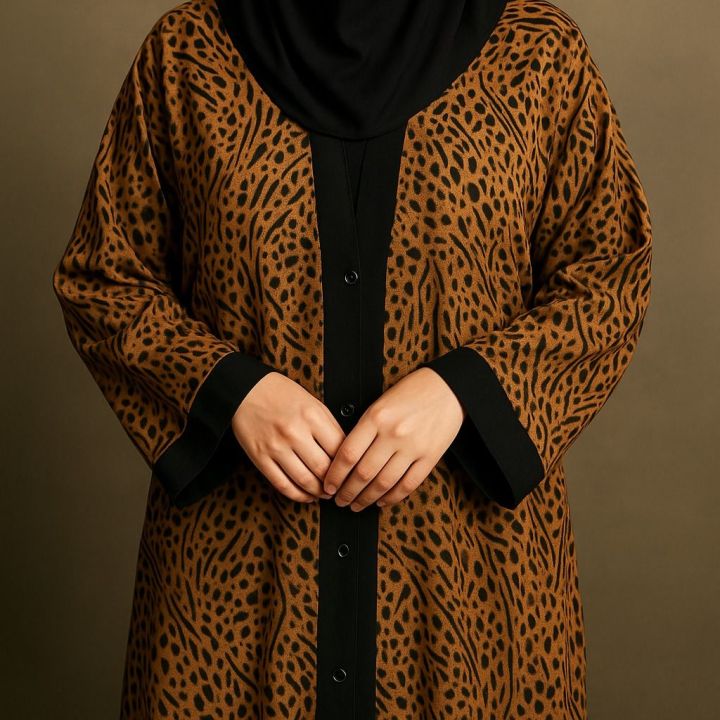 Leopard Print Brown Abaya for Women – Stylish Front Open Abaya with ...