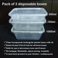 Pack of 3 disposable boxes with lids - 500ml, 750ml, 1000ml. 