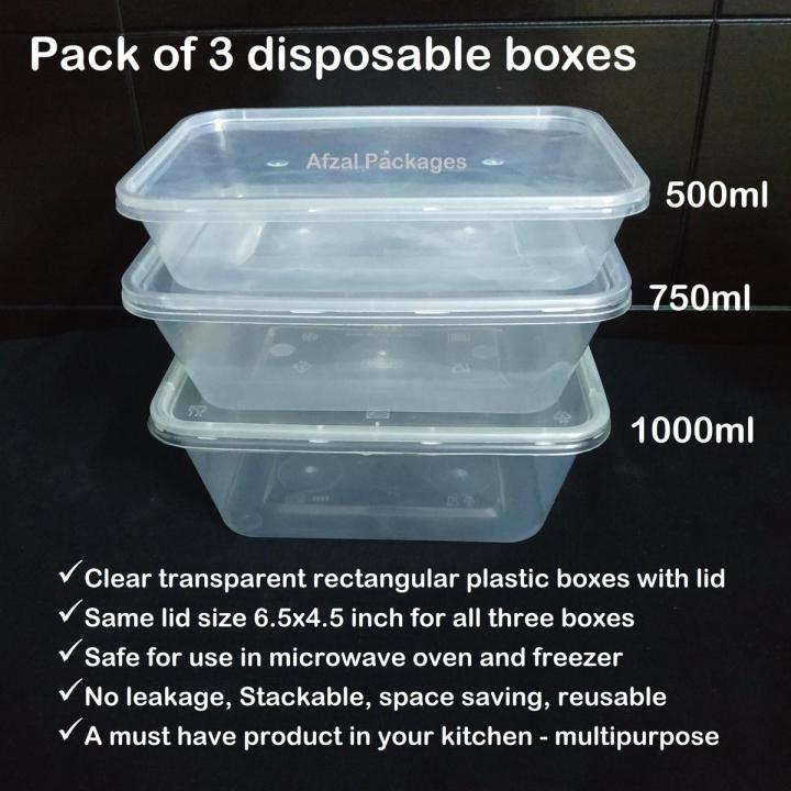 Pack of 3 disposable boxes with lids - 500ml, 750ml, 1000ml