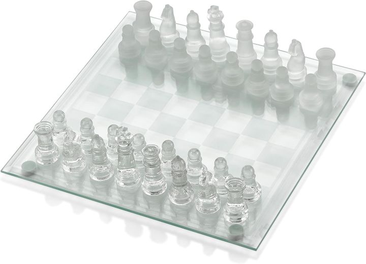 Glass Chess Set 33 Pieces Transparent Board Game with Frosted and Clear Pieces for Family Game Night, Kids, Boy or Girl - Small