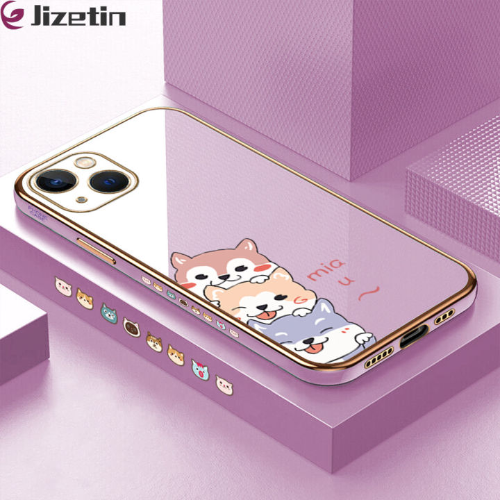 Jizetin (Free Lanyard) for iPhone 13 Back Cover Cute Dogs Luxury 6D Plating Case Side Pattern Soft Silicone Square Phone Cases