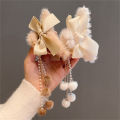 Fashion Women Soft Plush Bow Pearl Tassel Hair Claw Clips Elegant Hair Clips Headwear Cologo. 