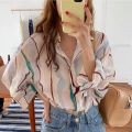 Women Summer Striped Printing Shirt Contrast Color Pleated Blouse Loose Long Sleeve Tops. 