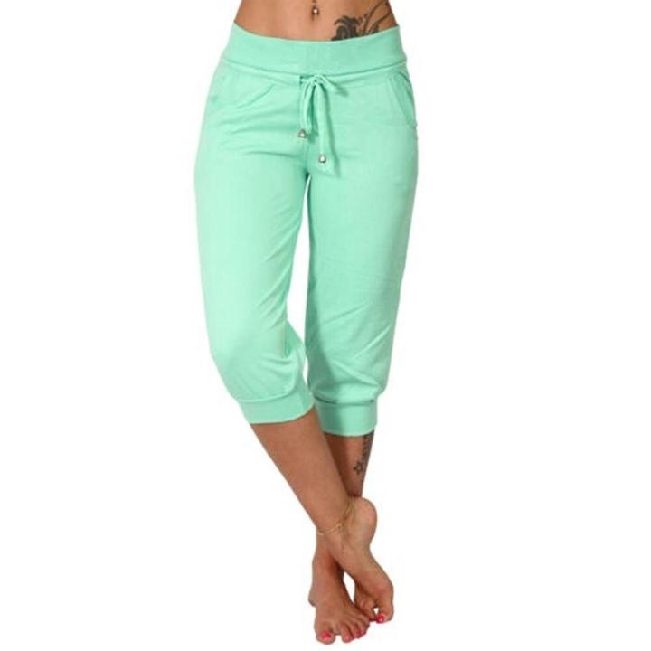 Women Casual Solid Color Low Rise Drawstring Pockets Sports Capri Pants Women's Fashion Short Trouser Pants Women's