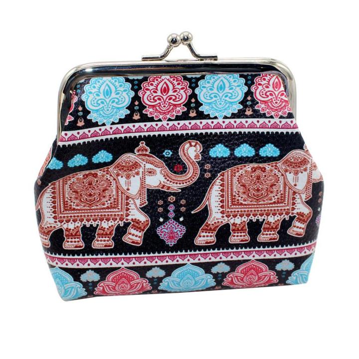 Women Elephant Print Kiss Lock Small Coin Purse Clutch Handbag