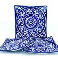Blue Pottery Square Dish Set, Hand Made, Hand Painted, Set of 3 serving Dishes,(L) (M) (S). 