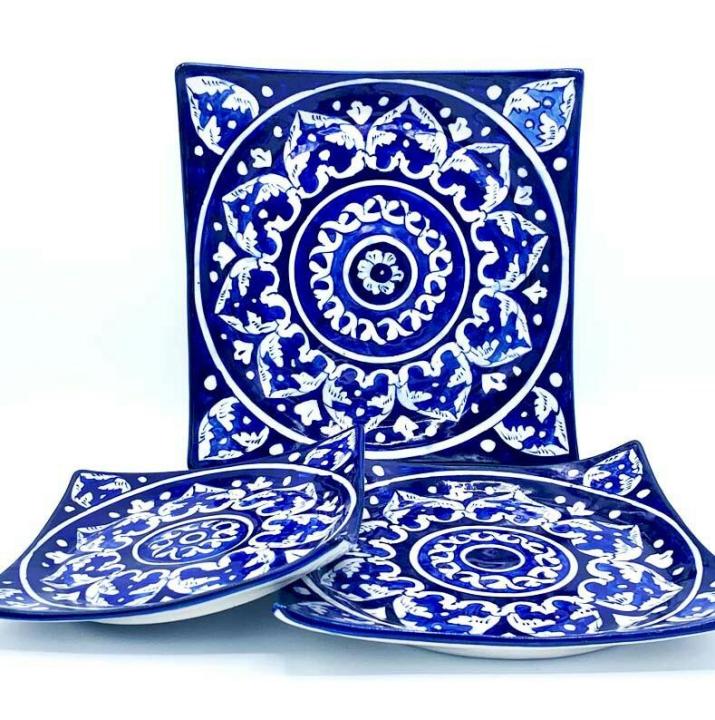 Blue Pottery Square Dish Set, Hand Made, Hand Painted, Set of 3 serving Dishes,(L) (M) (S)
