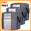 Pack 3 Large Storage Bags Breathable Clothes Storage Containers for King Comforter Bedding Pillow Sheet, Reinforced Handles, Grey. 