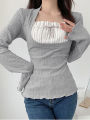y2k Lace Patchwork Two Piece T-shirt Flare Long Sleeve Tops Spring Casual Kawaii Clothes Korean Shirt. 