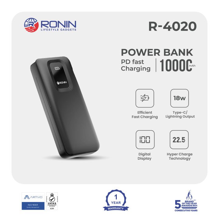 Ronin R-4020 Power Bank, Fast Charge Power Bank10000mAh with PD Fast Charging