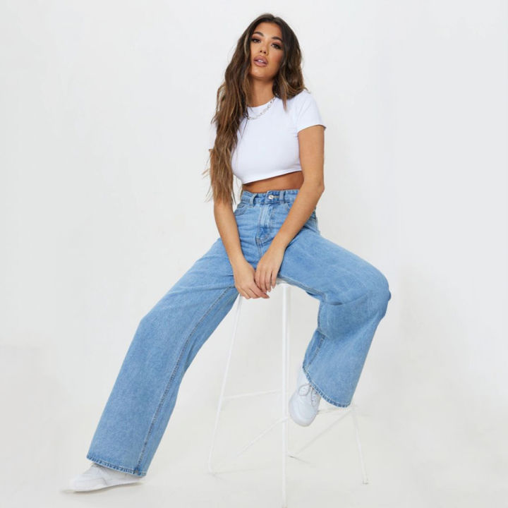 Women's Light Blue High Waist Wide Leg Jeans - Comfortable Baggy Fit