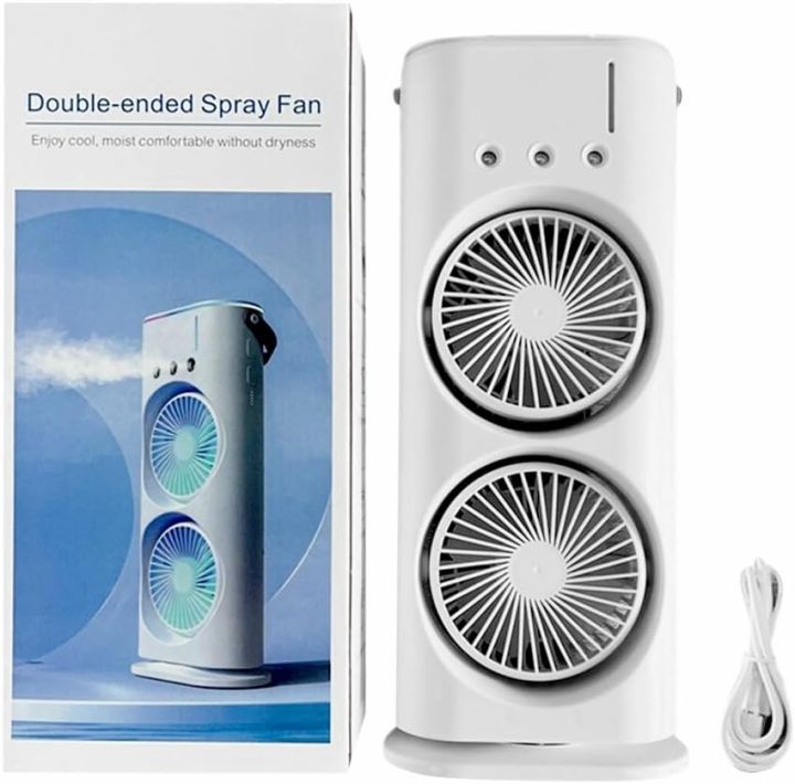 Double-Ended Spray Fan USB Rechargeable 2000mAh Household Small Air Cooler Dual Head 3 Gears Portable Handheld Misting Fan for Travel Makeup Home Office Camping Outdoor