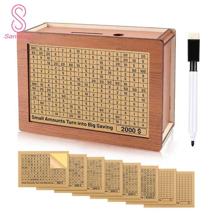 Wooden Piggy Bank Vintage Wooden Money Box with Counter Marker Pen Piggy Bank Coin Cash Container for Money Saving Challenges Decoration Wooden Money Jar