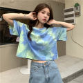 Women T-shirt Fashion Tie-dye Printed Short-sleeved Pullover Loose Contrast Color Crop Top. 