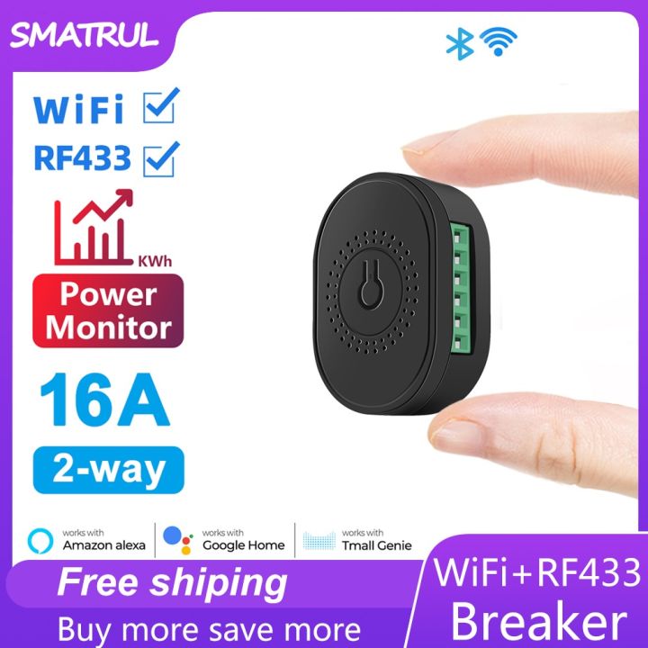 SMATRUL WiFi RF433 Smart Wireless Switch With Power Monitor 16A Light Mini 2 Way Timer Breaker Work for Tuya Google Home Alexa