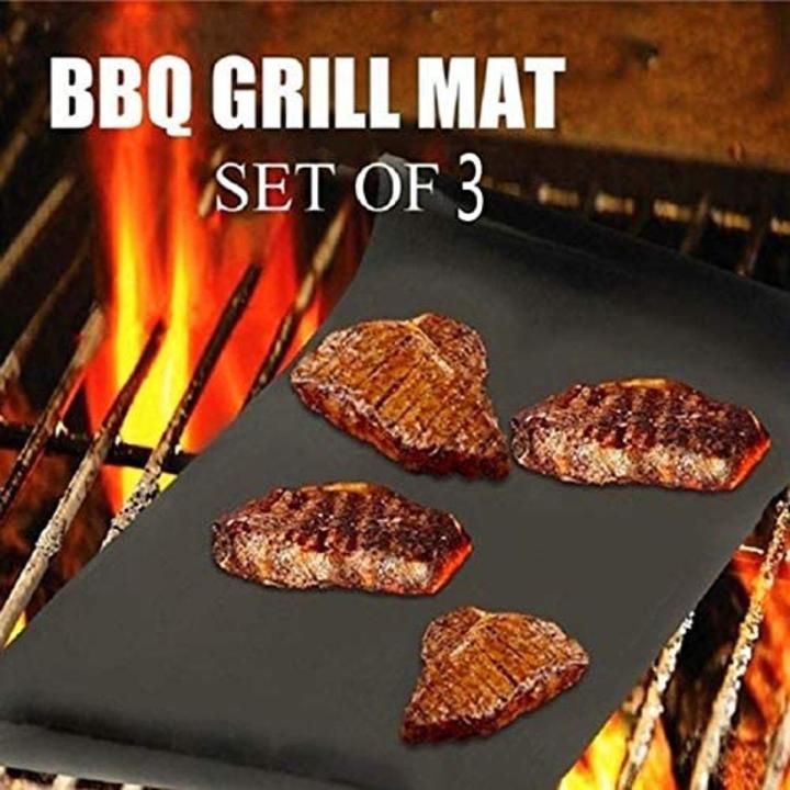 BBQ Grill Mat Set of 3-100% Non-Stick Baking Mats for Grilling Accessories - Heavy-Duty, Reusable, Easy to Clean - Works on Electric Grill Gas Charcoal BBQ