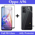 Oppo A96 9D Black Tempered Glass Screen Protector Full Glue Edge To Edge and Back Clear Jelly Hydrogel Film Protector 2-in-1 Combo Deal. 