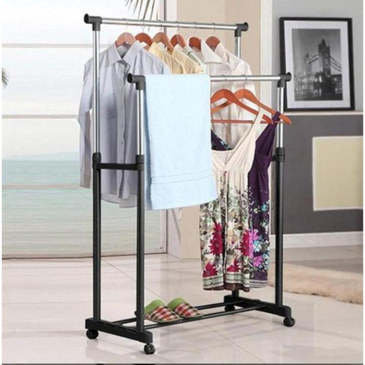 Cloth hanging stand Double Pole Portable Cloth Rack Cloth Drying Stand Stainless Steel With Wheels