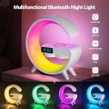 G Shape LED Night Lamp with Wireless Charging Bluetooth Speaker with Sunrise WakeUp Light, RGB Lamp, Clock, Alarm, Dimmable Night Light Lamp Alarm Clock with Music Sync. 