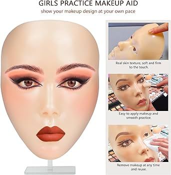 Makeup Practice Facial Board with Stand , 5D Silicone Full Face Practice Eyelash Eye Shadow, For Makeup Artist, Beginners,  Simulated Human Model Practice Makeup Face Reusable Practice Board For Teaching