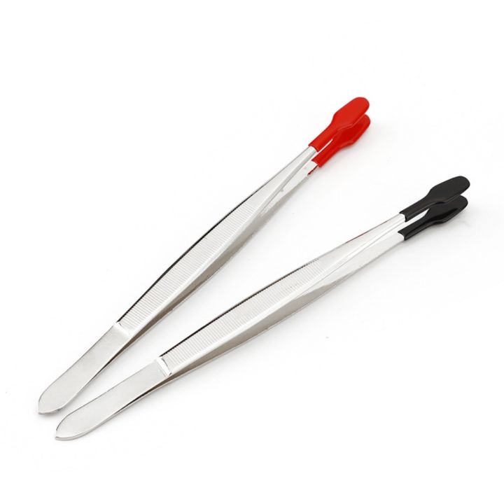 2Pcs Lab Industrial Rubber Tipped Tweezers Steel Non Marring Flat Tip Tip Steel Forceps Black and Red Tip Craft Tweezers Tools Nice Control