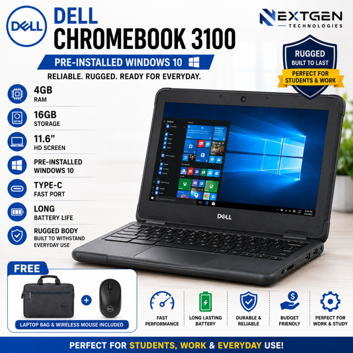 Dell Chromebook 3100 Laptop – Pre-Installed Windows 10 – 4GB RAM, 16GB Storage – 11.6 HD Screen – Rugged Body – Type-C Fast Port – Long Battery Life – Free Bag & Mouse – NEXTGEN TECHNOLOGIES